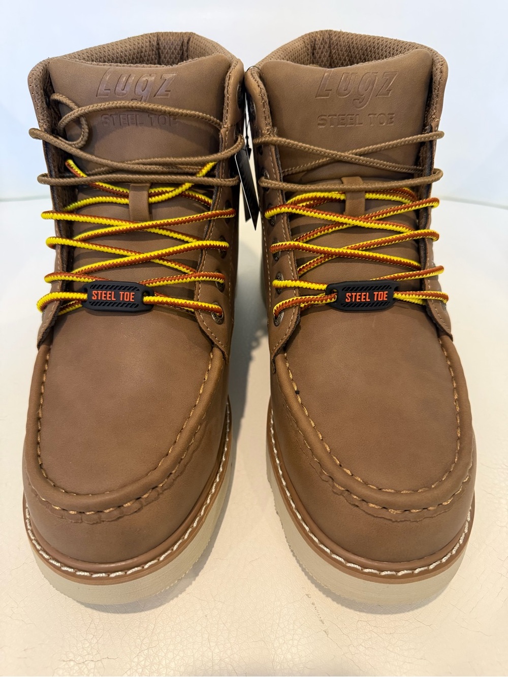 Lugz Brown Steel-Toe Moc Toe Work Boots with Yellow Accents